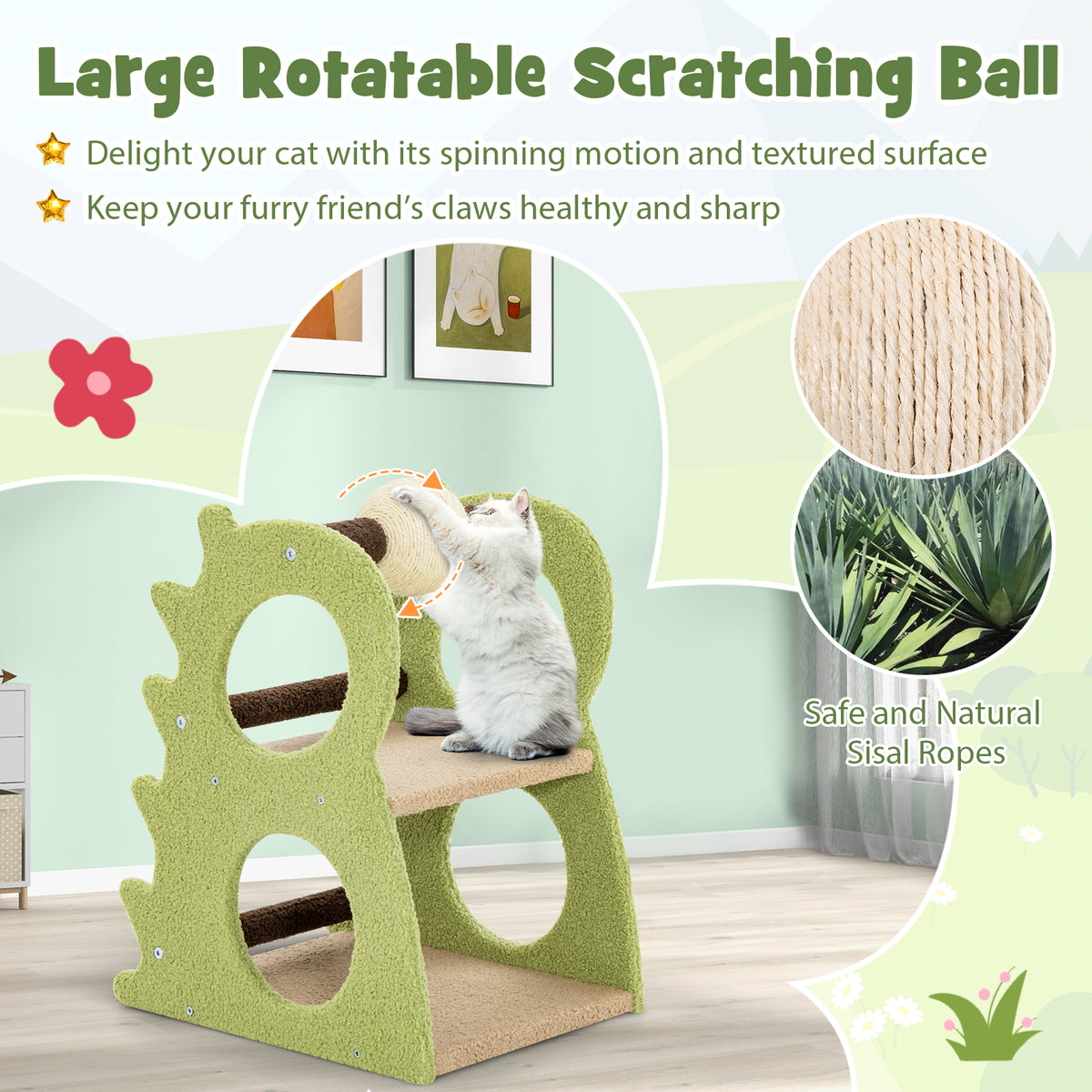 Green 2-Tier Modern Cat Tree with Rotatable Sisal Ball and Plush Fabric