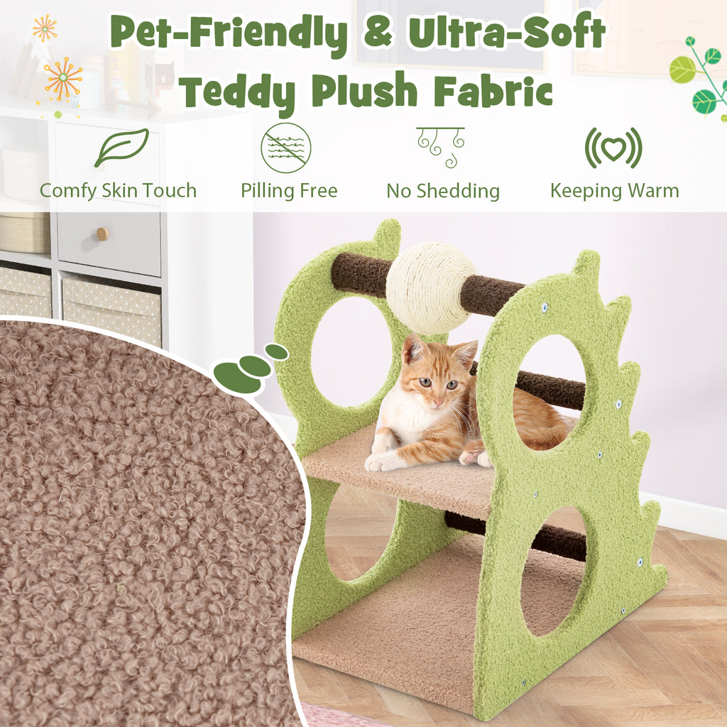 Green 2-Tier Modern Cat Tree with Rotatable Sisal Ball and Plush Fabric