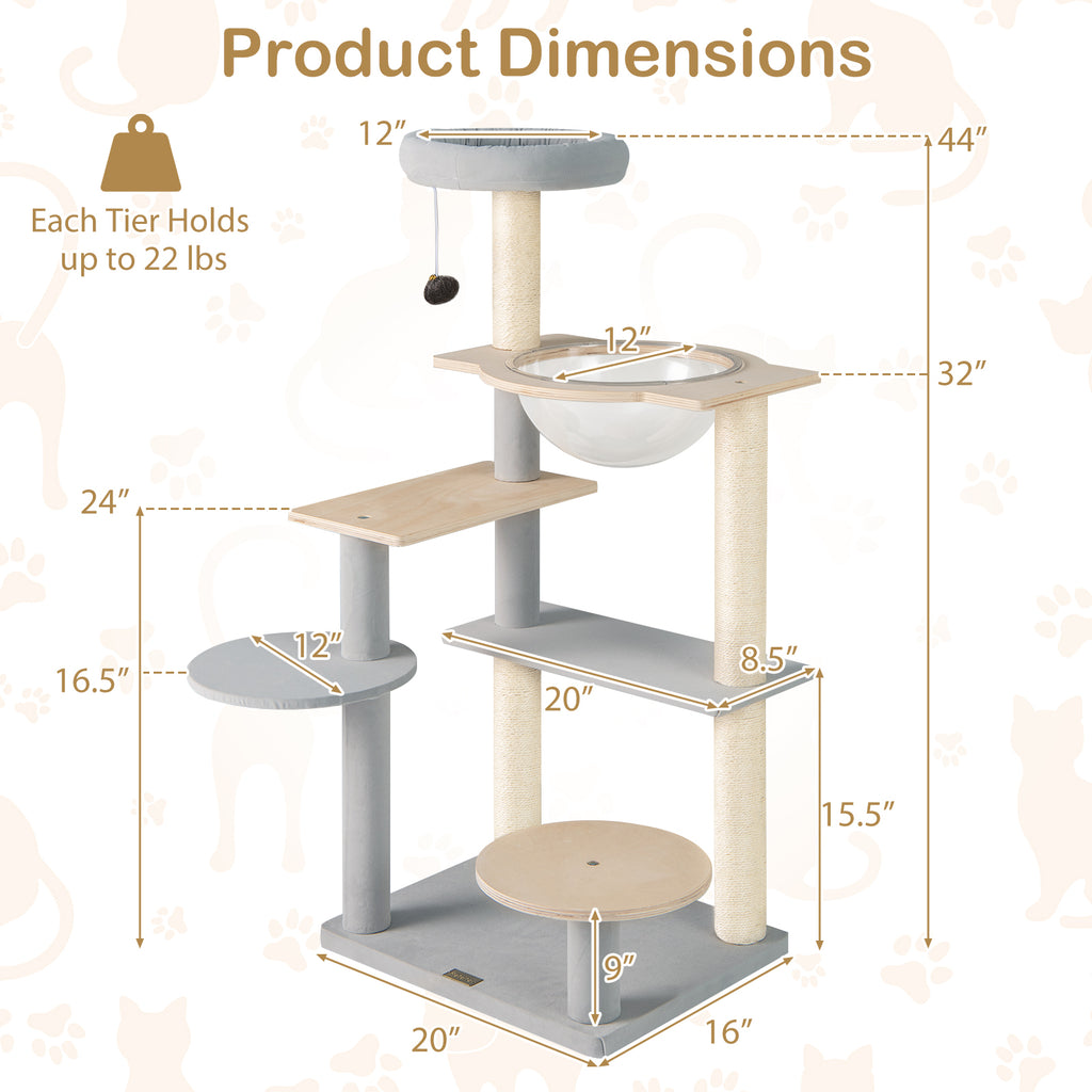 Multi-Level Cat Tree Tower 44 Inch with Removable Perch - Natural Variation