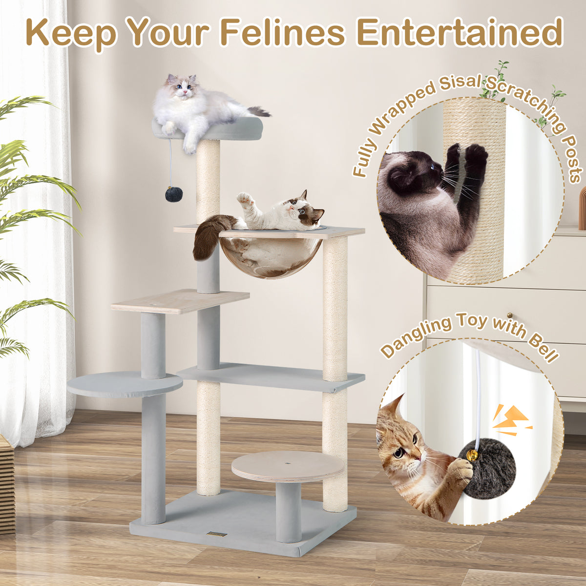Multi-Level Cat Tree Tower 44 Inch with Removable Perch - Natural Variation