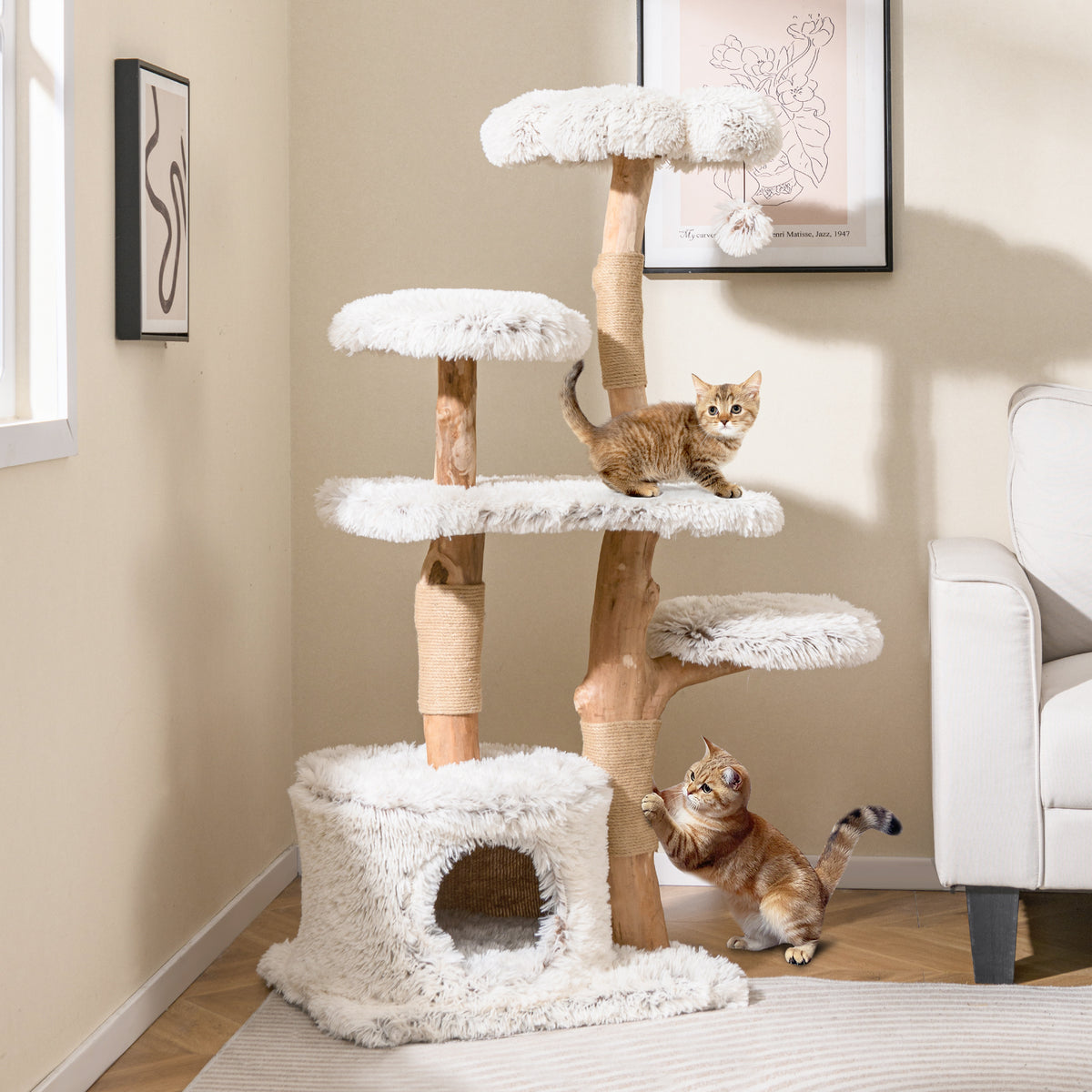 White 53 Inch Tall Natural Branch Wooden Cat Tree with Jute Scratching Posts - Costway