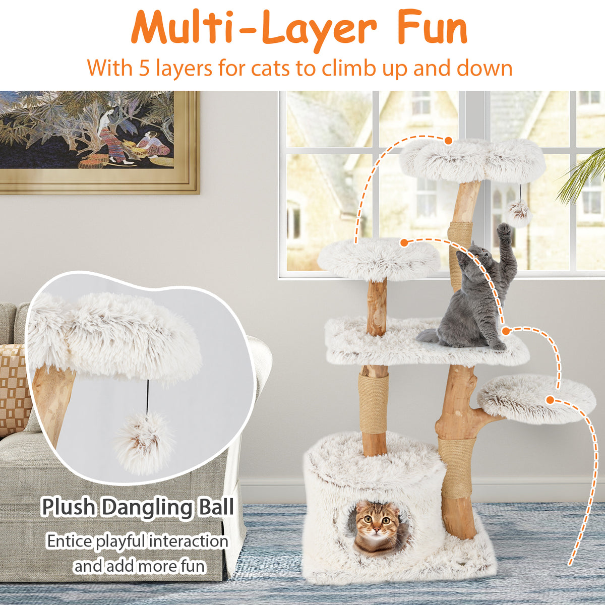 White 53 Inch Tall Natural Branch Wooden Cat Tree with Jute Scratching Posts - Costway