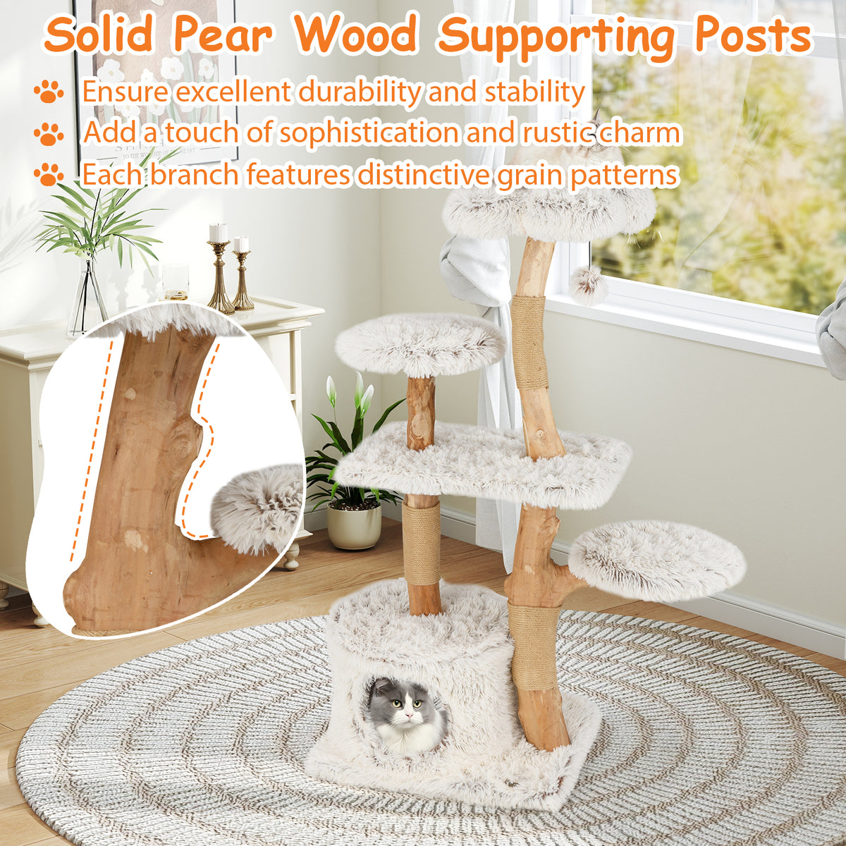 White 53 Inch Tall Natural Branch Wooden Cat Tree with Jute Scratching Posts - Costway