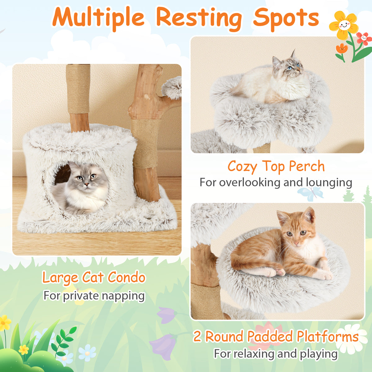 White 53 Inch Tall Natural Branch Wooden Cat Tree with Jute Scratching Posts - Costway