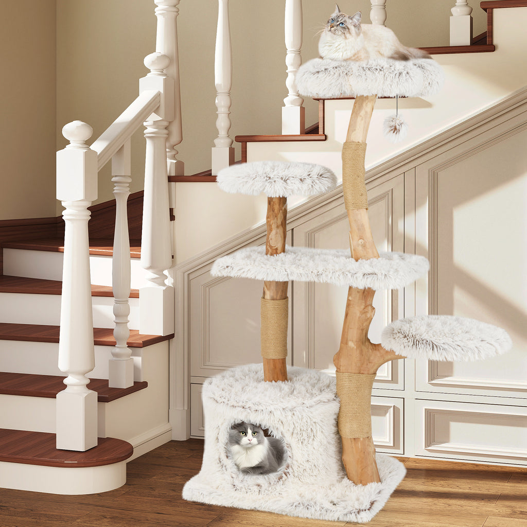 White 53 Inch Tall Natural Branch Wooden Cat Tree with Jute Scratching Posts - Costway