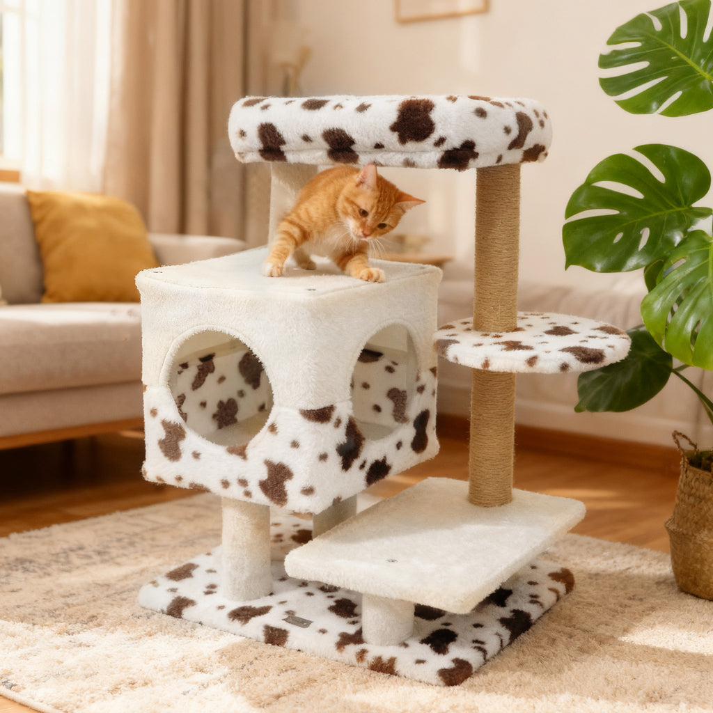 White Modern Cat Tree Tower with Perch, Condo & Scratching Posts - Costway Variation