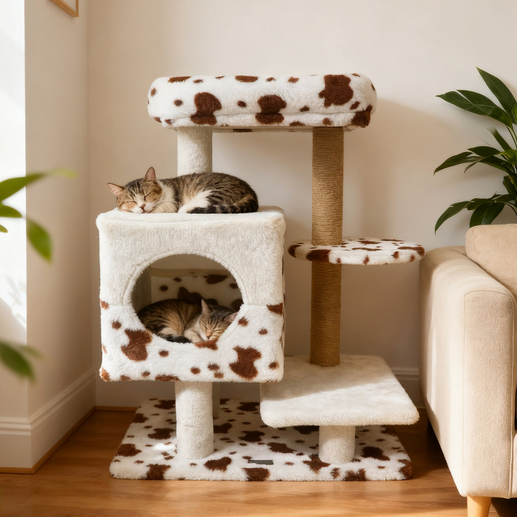 White Modern Cat Tree Tower with Perch, Condo & Scratching Posts - Costway Variation