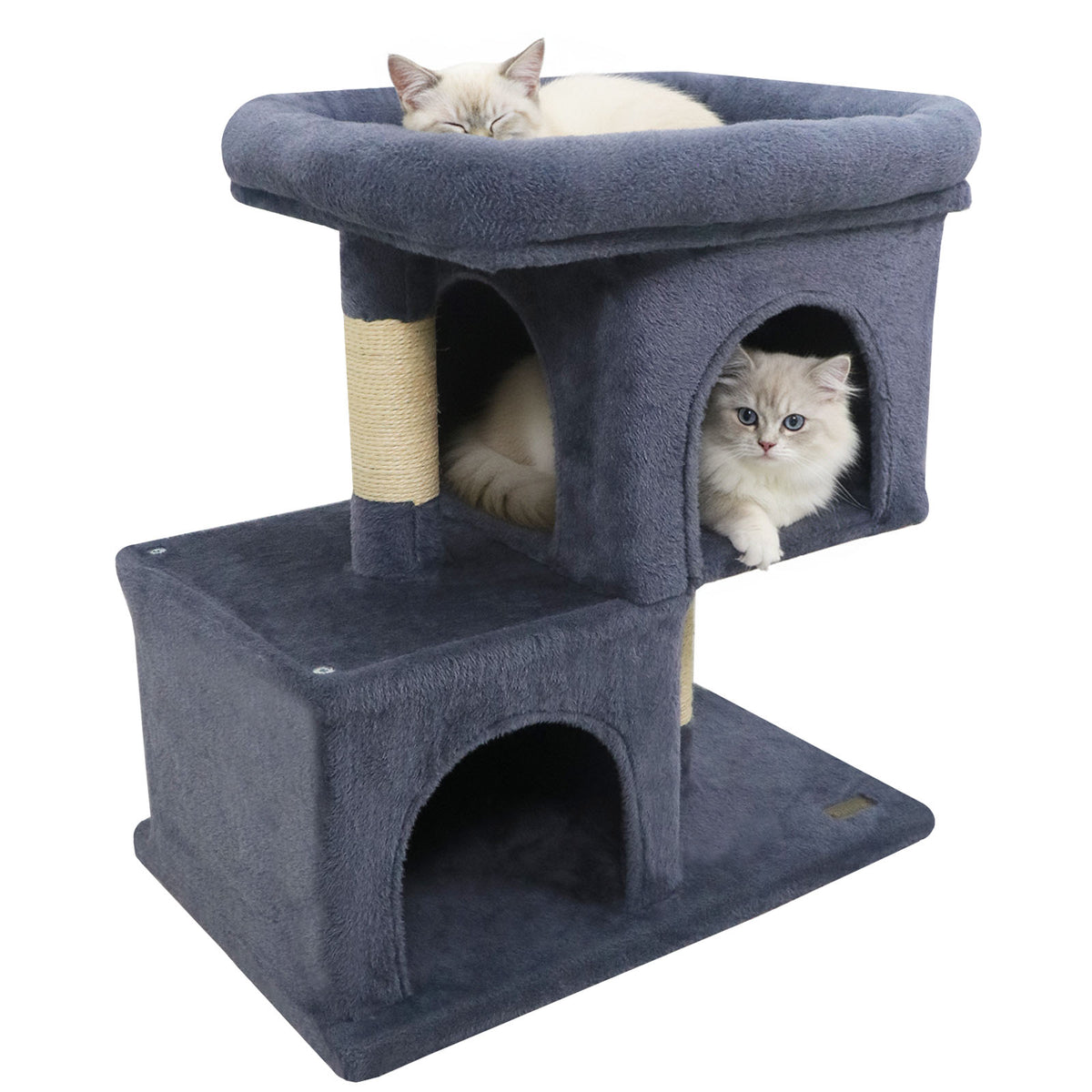 Modern Space-saving Cat Tree Tower with Upholstered Perch and 2 Condos - Dark Gray