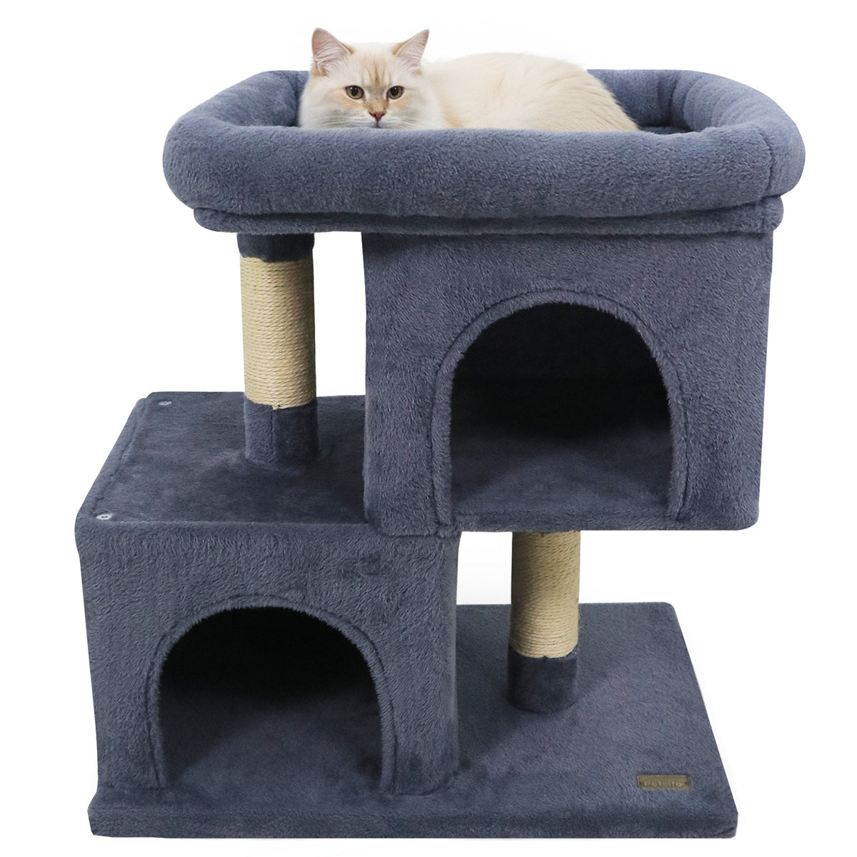 Modern Space-saving Cat Tree Tower with Upholstered Perch and 2 Condos - Dark Gray