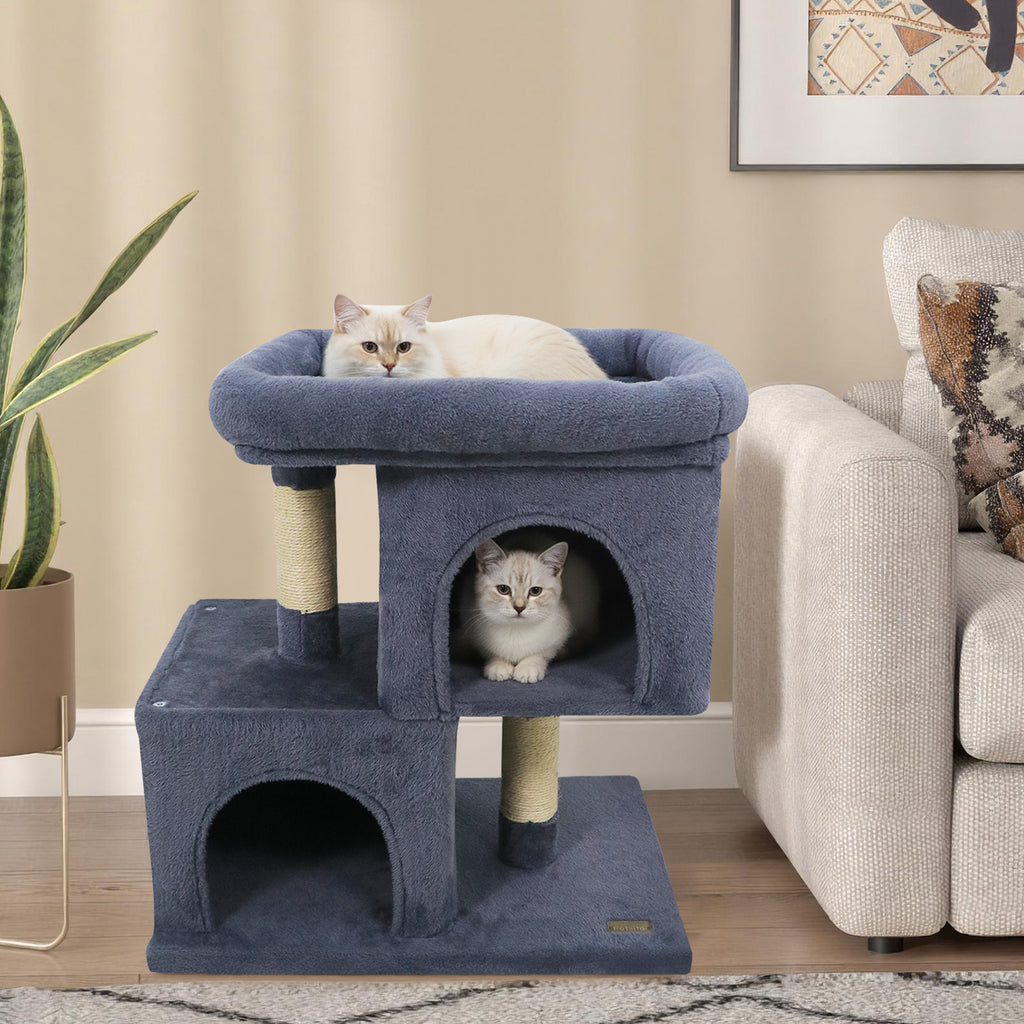 Modern Space-saving Cat Tree Tower with Upholstered Perch and 2 Condos - Dark Gray