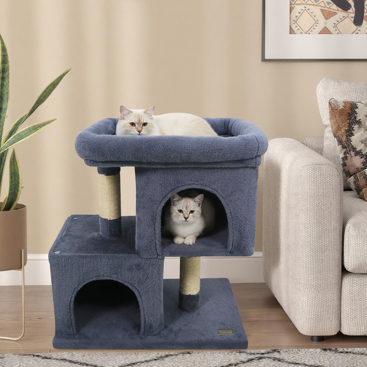 Modern Space-saving Cat Tree Tower with Upholstered Perch and 2 Condos - Dark Gray