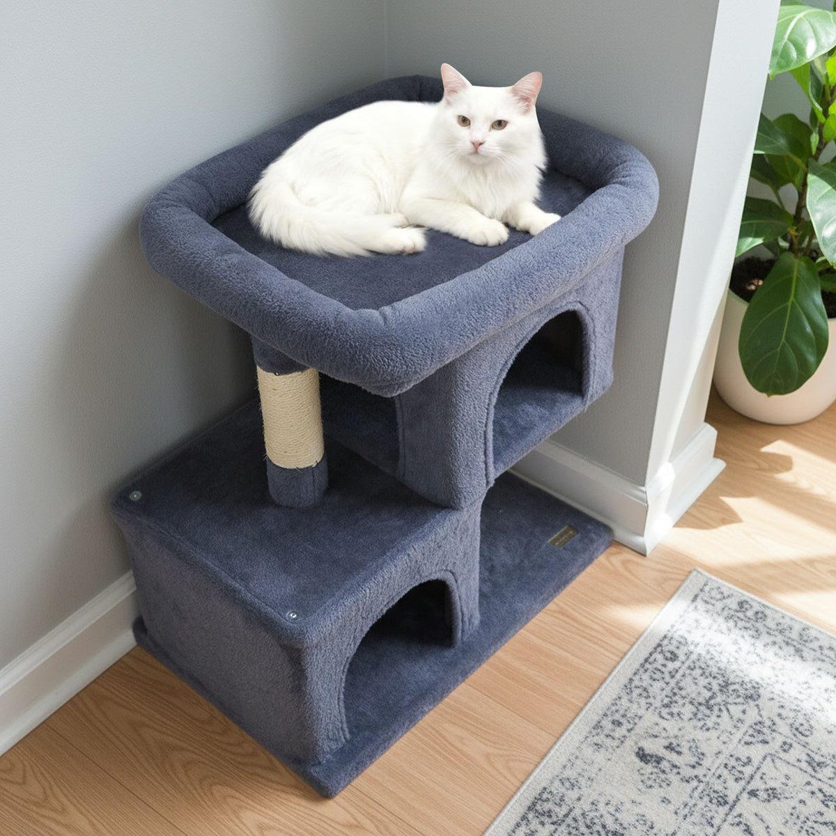 Modern Space-saving Cat Tree Tower with Upholstered Perch and 2 Condos - Dark Gray