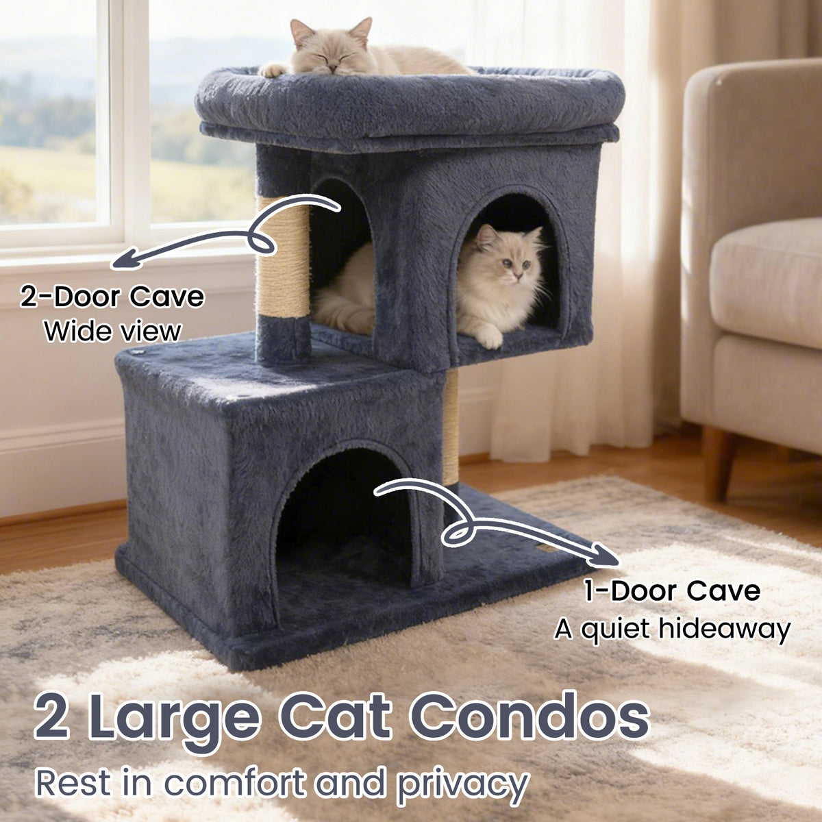 Modern Space-saving Cat Tree Tower with Upholstered Perch and 2 Condos - Dark Gray