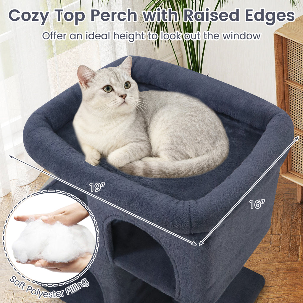 Modern Space-saving Cat Tree Tower with Upholstered Perch and 2 Condos - Dark Gray