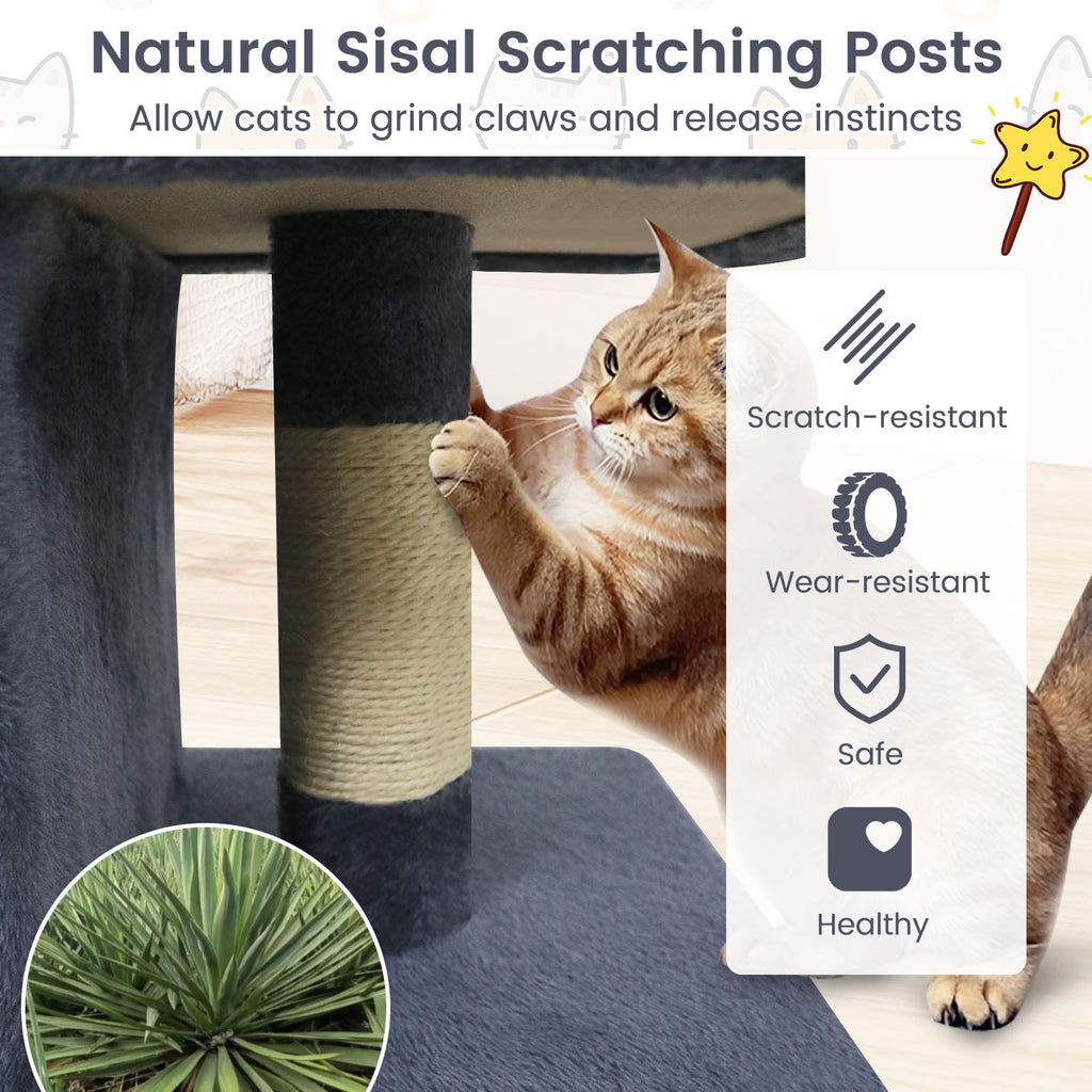Modern Space-saving Cat Tree Tower with Upholstered Perch and 2 Condos - Dark Gray