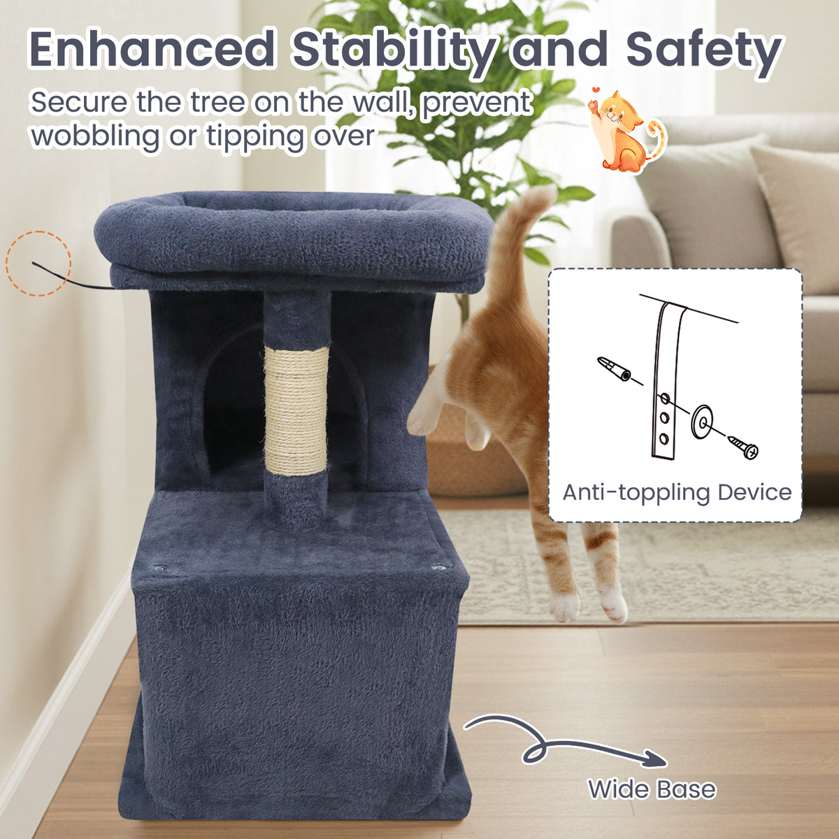 Modern Space-saving Cat Tree Tower with Upholstered Perch and 2 Condos - Dark Gray