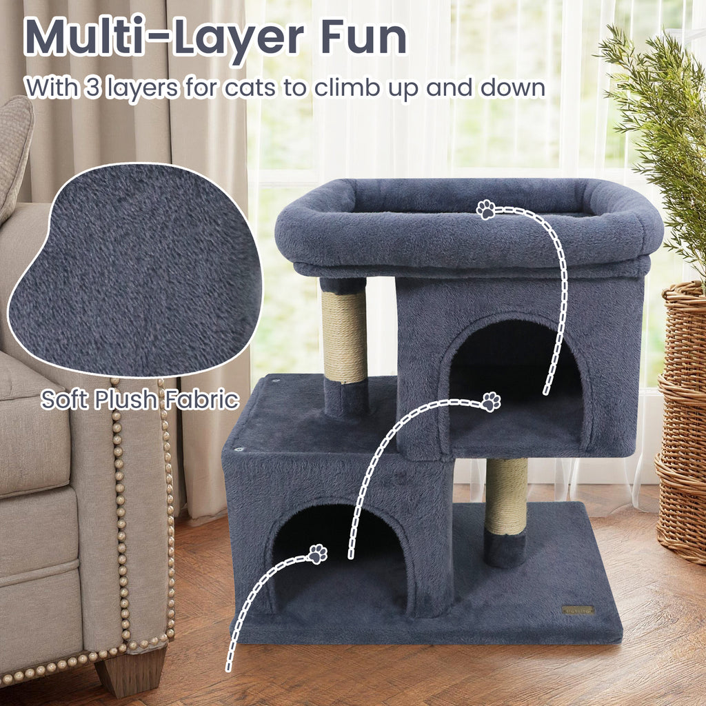 Modern Space-saving Cat Tree Tower with Upholstered Perch and 2 Condos - Dark Gray