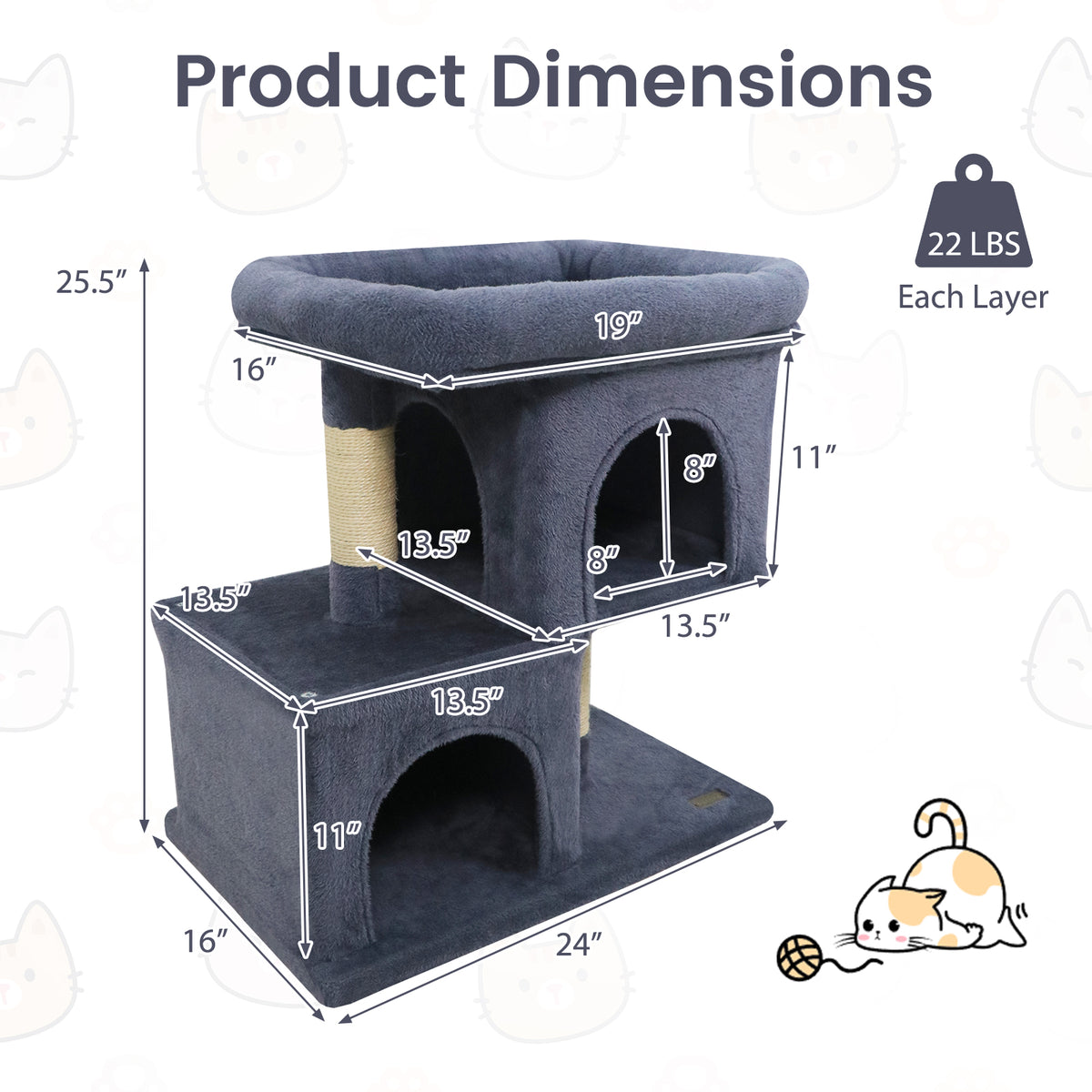Modern Space-saving Cat Tree Tower with Upholstered Perch and 2 Condos - Dark Gray