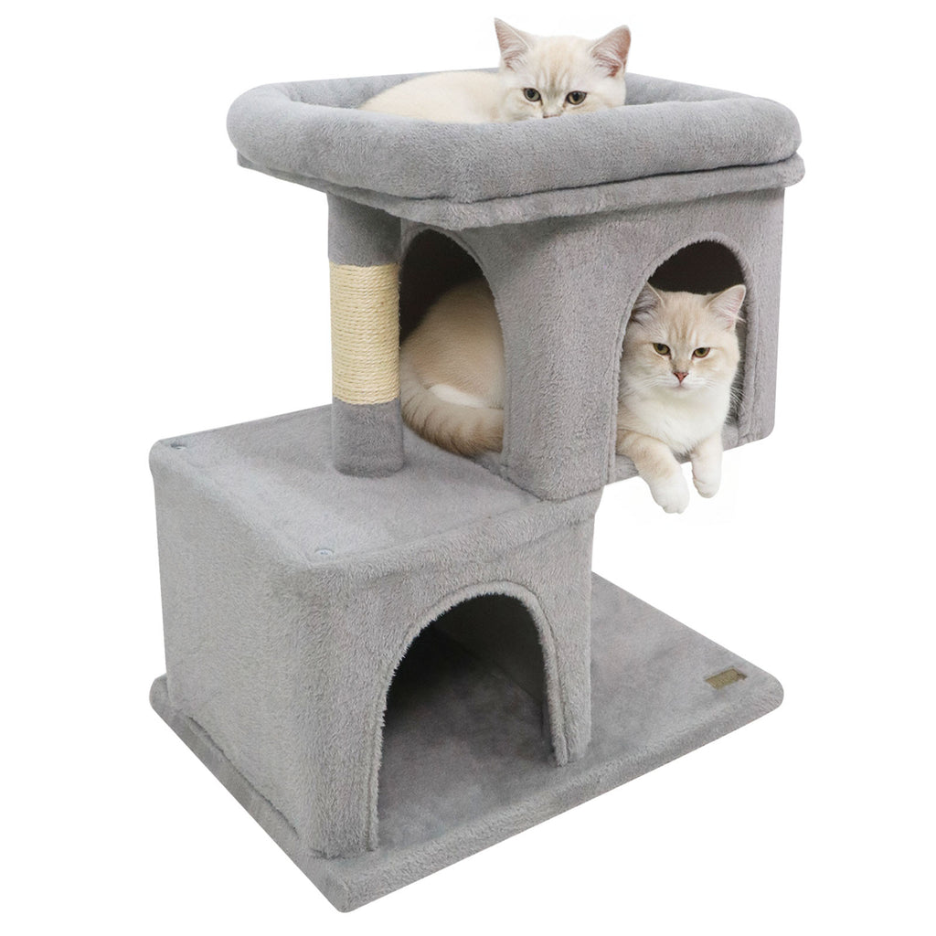 Modern Space-saving Cat Tree Tower with Upholstered Perch and 2 Condos - Gray Variation