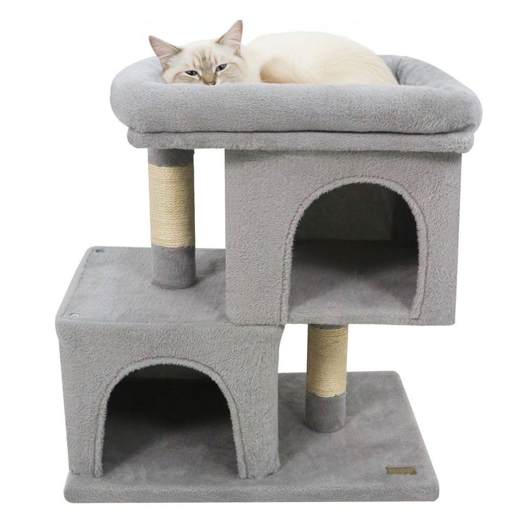Modern Space-saving Cat Tree Tower with Upholstered Perch and 2 Condos - Gray Variation
