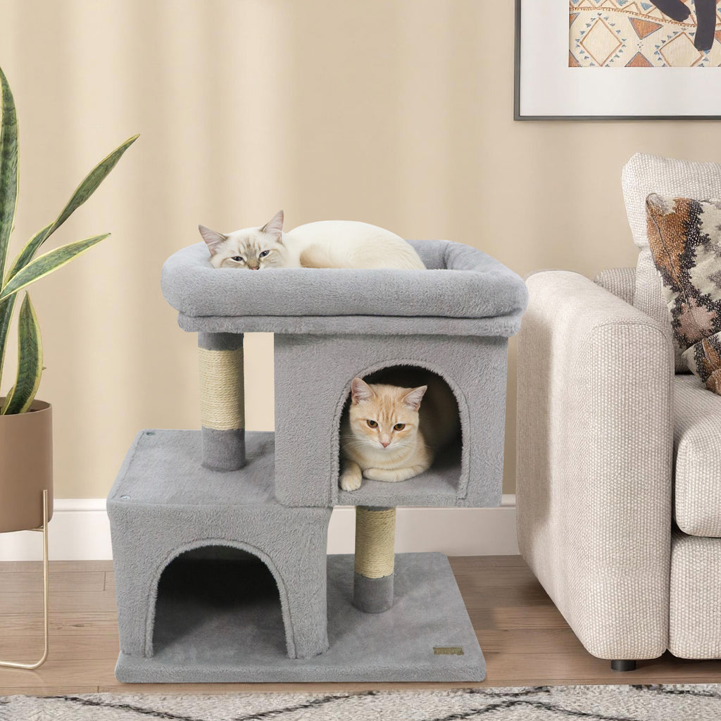Modern Space-saving Cat Tree Tower with Upholstered Perch and 2 Condos - Gray Variation