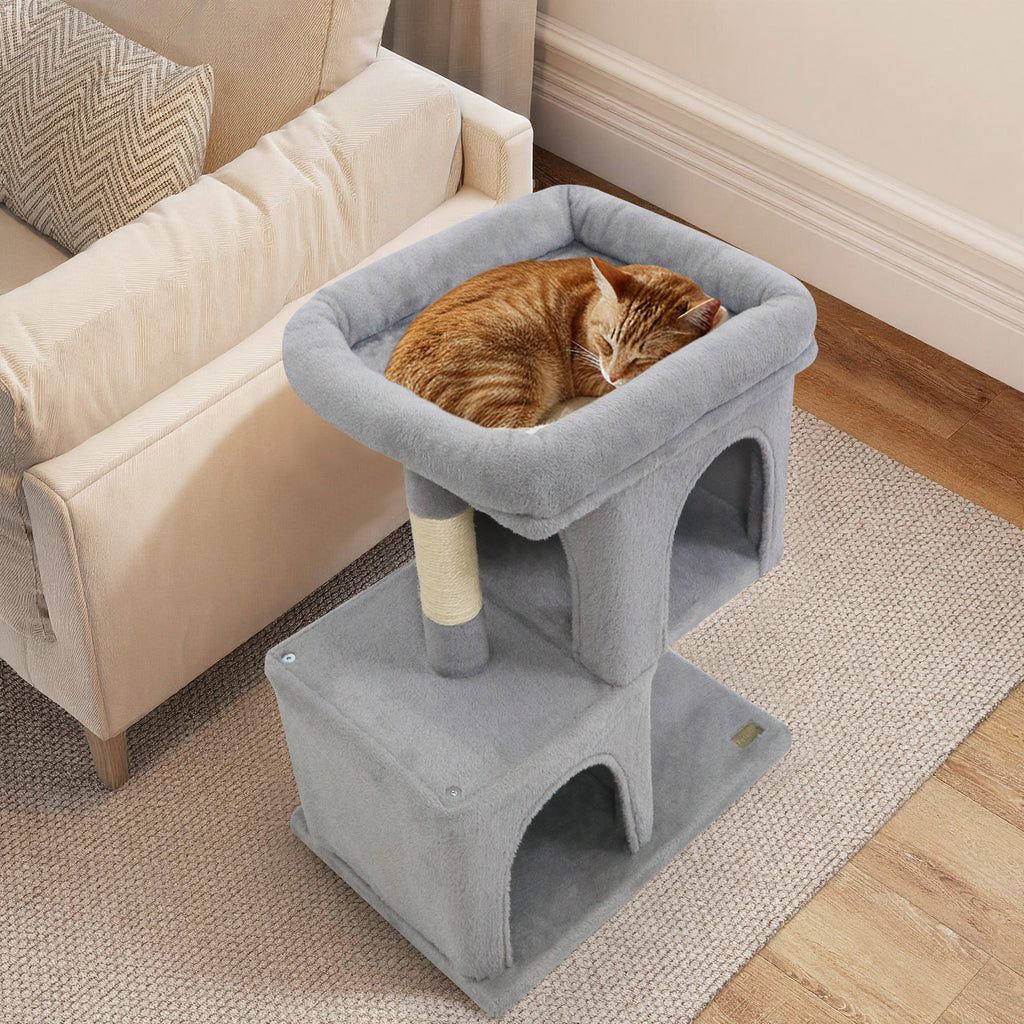 Modern Space-saving Cat Tree Tower with Upholstered Perch and 2 Condos - Gray Variation