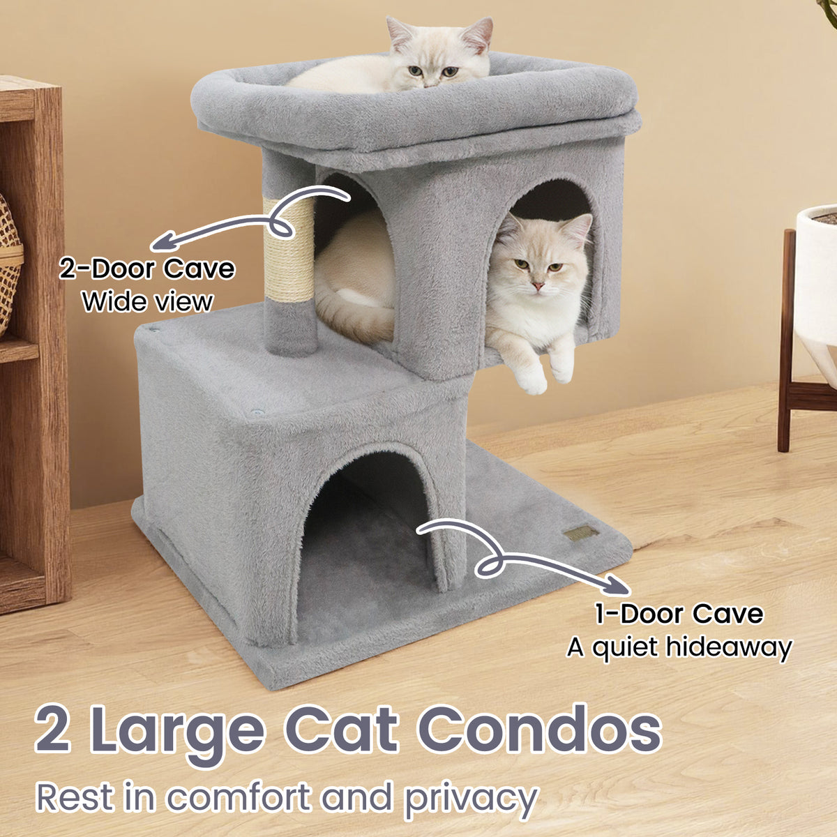 Modern Space-saving Cat Tree Tower with Upholstered Perch and 2 Condos - Gray Variation