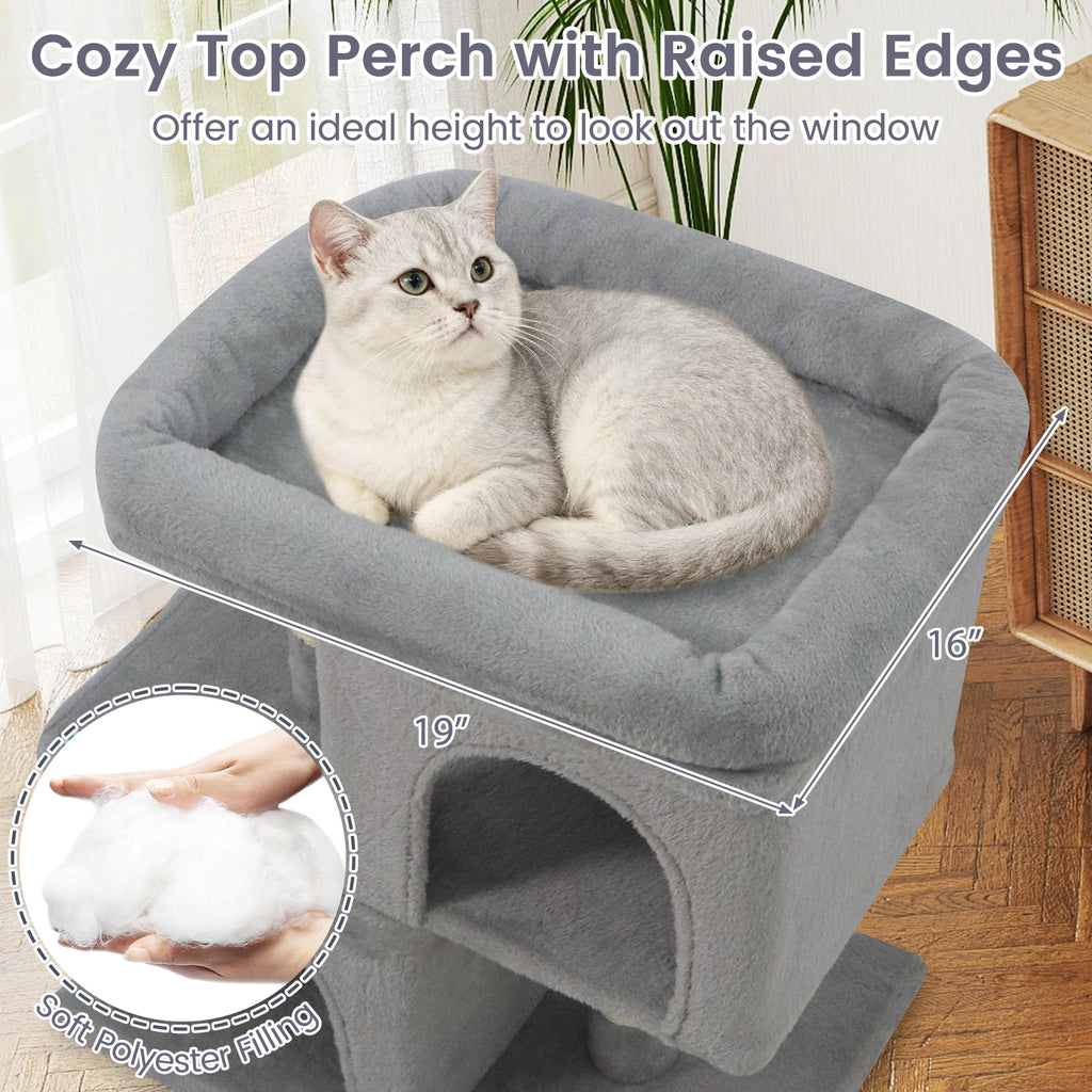 Modern Space-saving Cat Tree Tower with Upholstered Perch and 2 Condos - Gray Variation