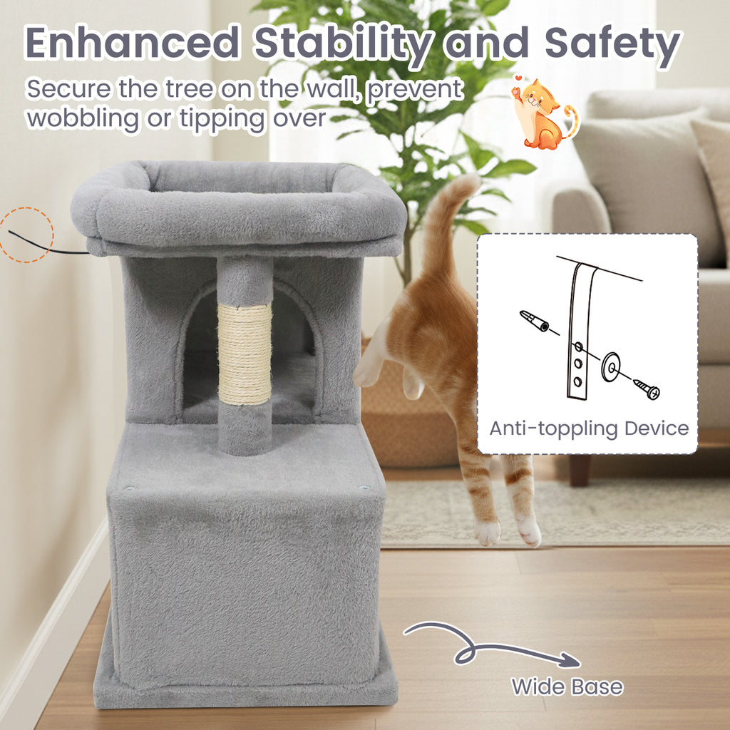 Modern Space-saving Cat Tree Tower with Upholstered Perch and 2 Condos - Gray Variation