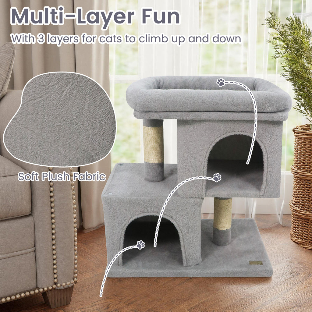 Modern Space-saving Cat Tree Tower with Upholstered Perch and 2 Condos - Gray Variation