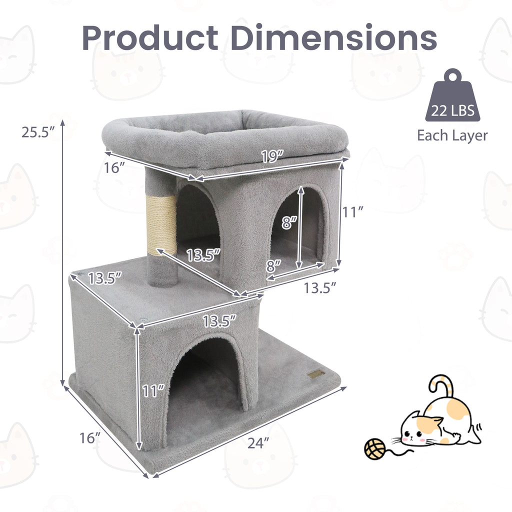 Modern Space-saving Cat Tree Tower with Upholstered Perch and 2 Condos - Gray Variation