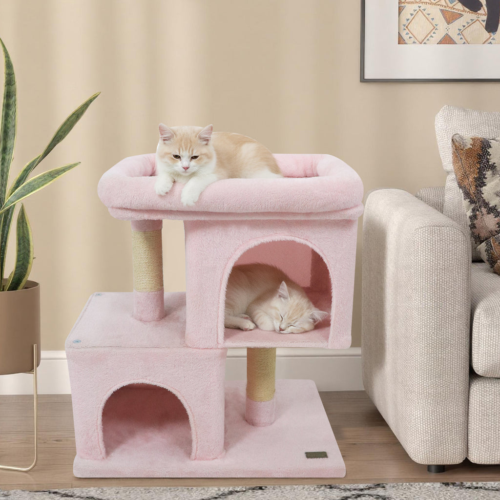 Modern Space-Saving Cat Tree Tower with Upholstered Perch and 2 Condos - Pink