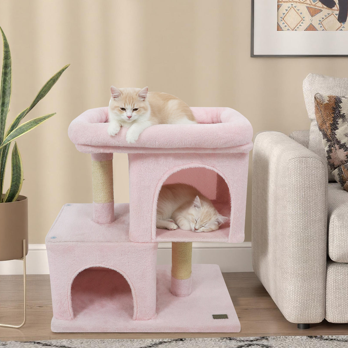 Modern Space-Saving Cat Tree Tower with Upholstered Perch and 2 Condos - Pink