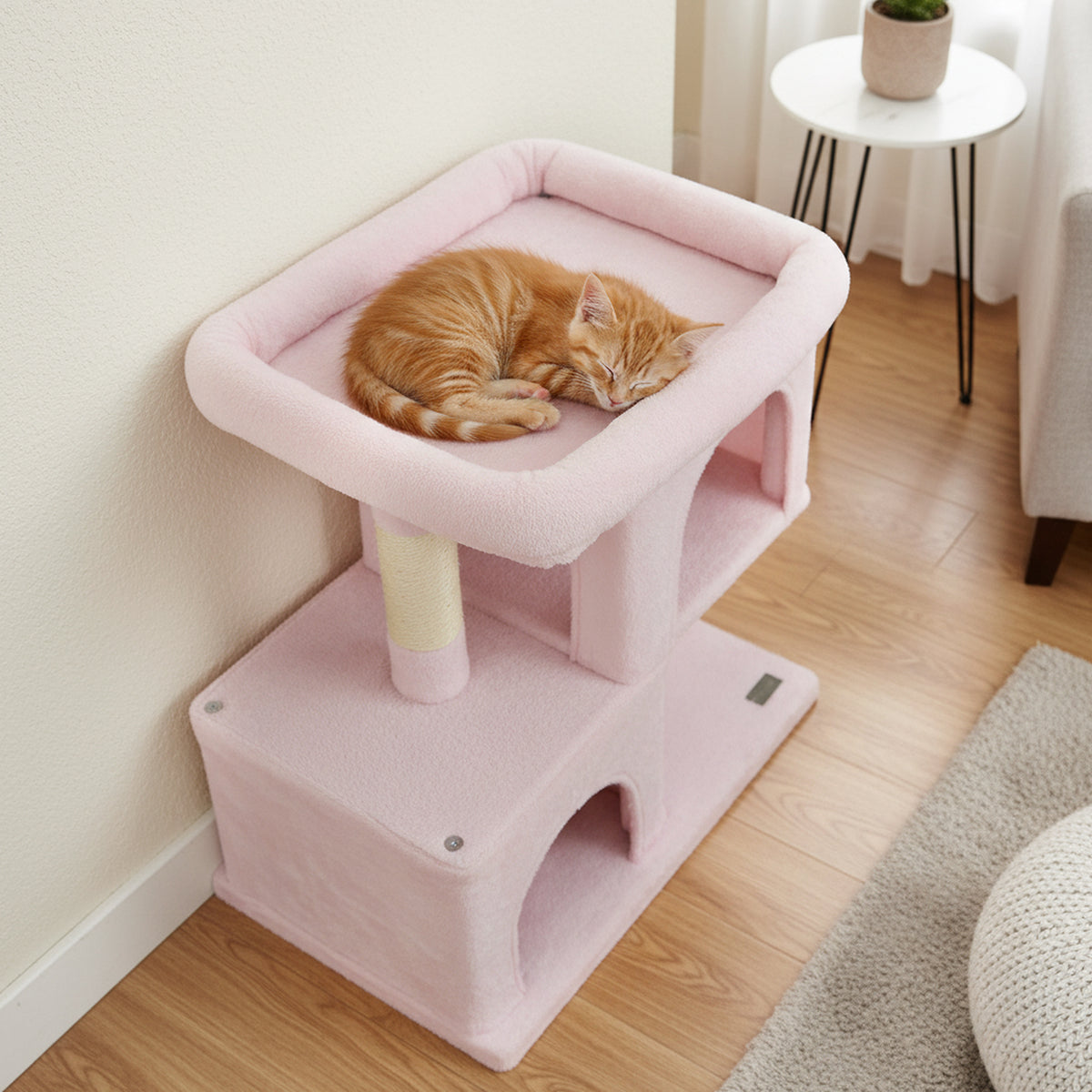 Modern Space-Saving Cat Tree Tower with Upholstered Perch and 2 Condos - Pink
