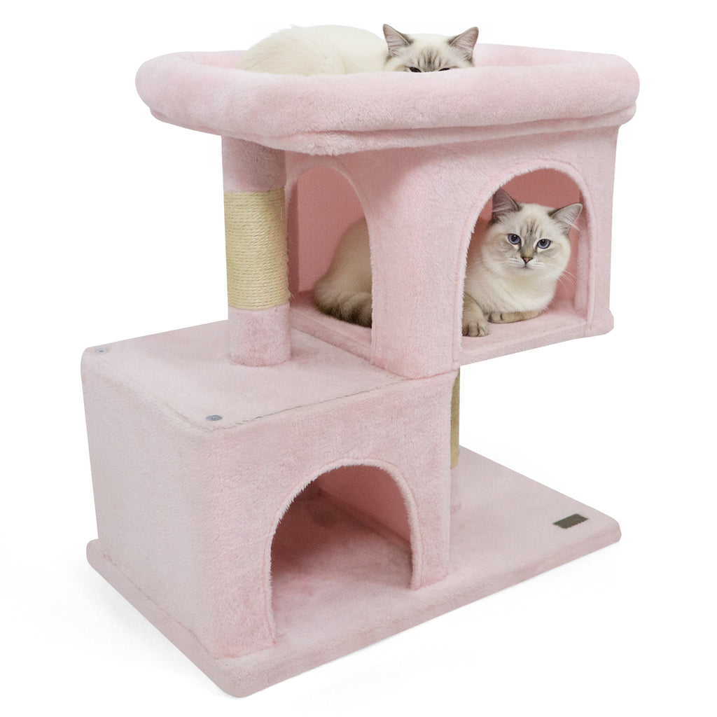 Modern Space-Saving Cat Tree Tower with Upholstered Perch and 2 Condos - Pink