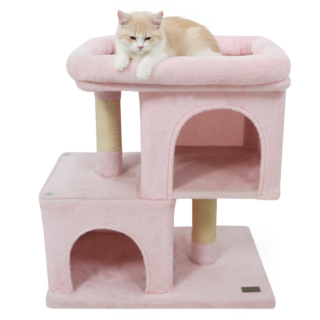 Modern Space-Saving Cat Tree Tower with Upholstered Perch and 2 Condos - Pink