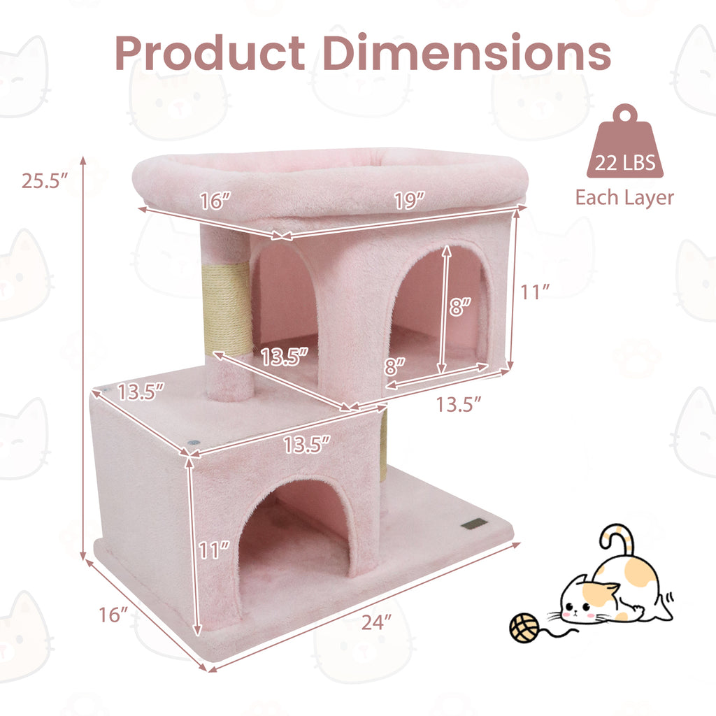 Modern Space-Saving Cat Tree Tower with Upholstered Perch and 2 Condos - Pink