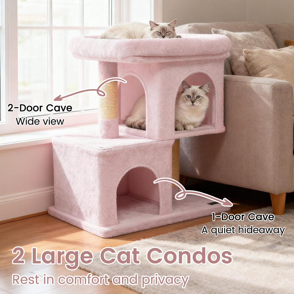 Modern Space-Saving Cat Tree Tower with Upholstered Perch and 2 Condos - Pink