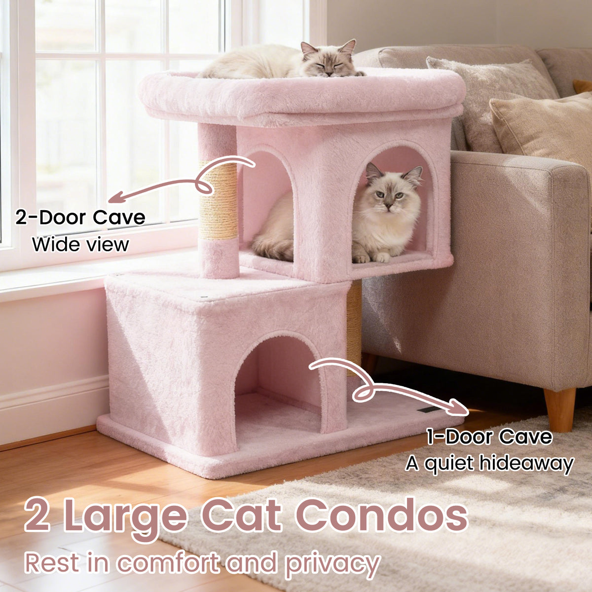 Modern Space-Saving Cat Tree Tower with Upholstered Perch and 2 Condos - Pink