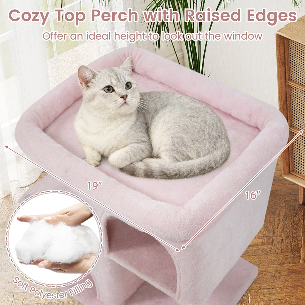 Modern Space-Saving Cat Tree Tower with Upholstered Perch and 2 Condos - Pink