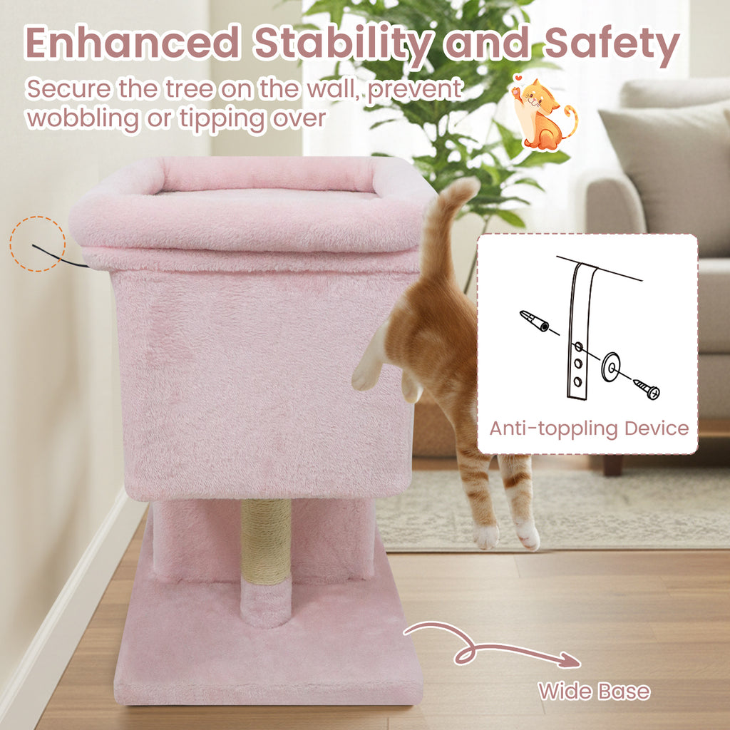 Modern Space-Saving Cat Tree Tower with Upholstered Perch and 2 Condos - Pink