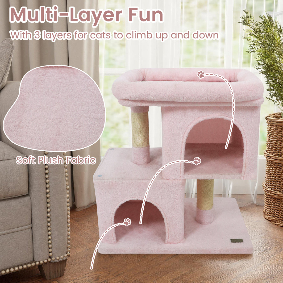 Modern Space-Saving Cat Tree Tower with Upholstered Perch and 2 Condos - Pink