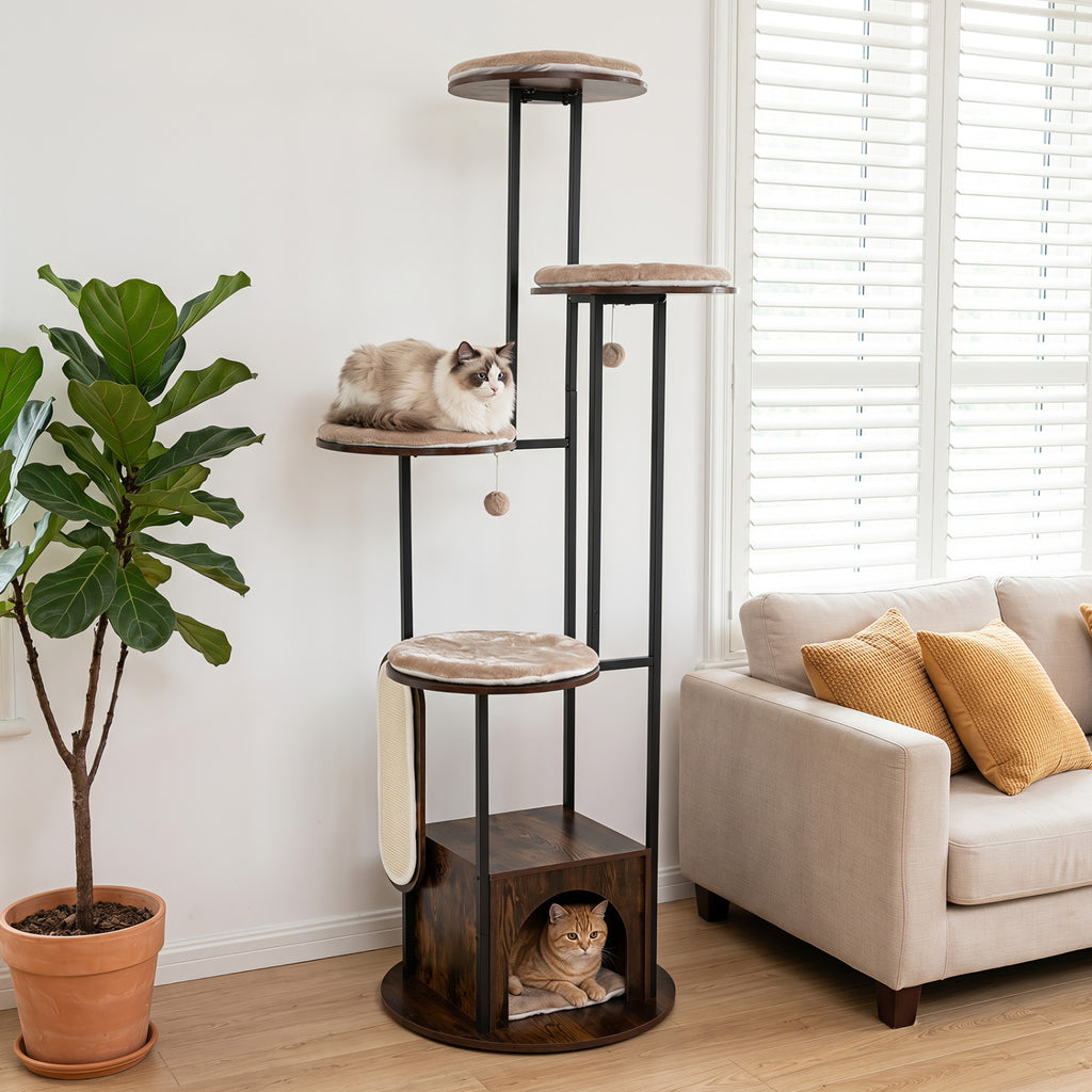 72-Inch Tall Multi-Level Cat Condo with Perches, Washable Mats, Rustic Brown