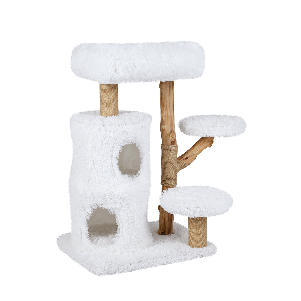 Modern Cat Tree for Indoor Cats - White 30.5 Inch Cat Tower with Solid Wood Branches & Multi-Level Perches