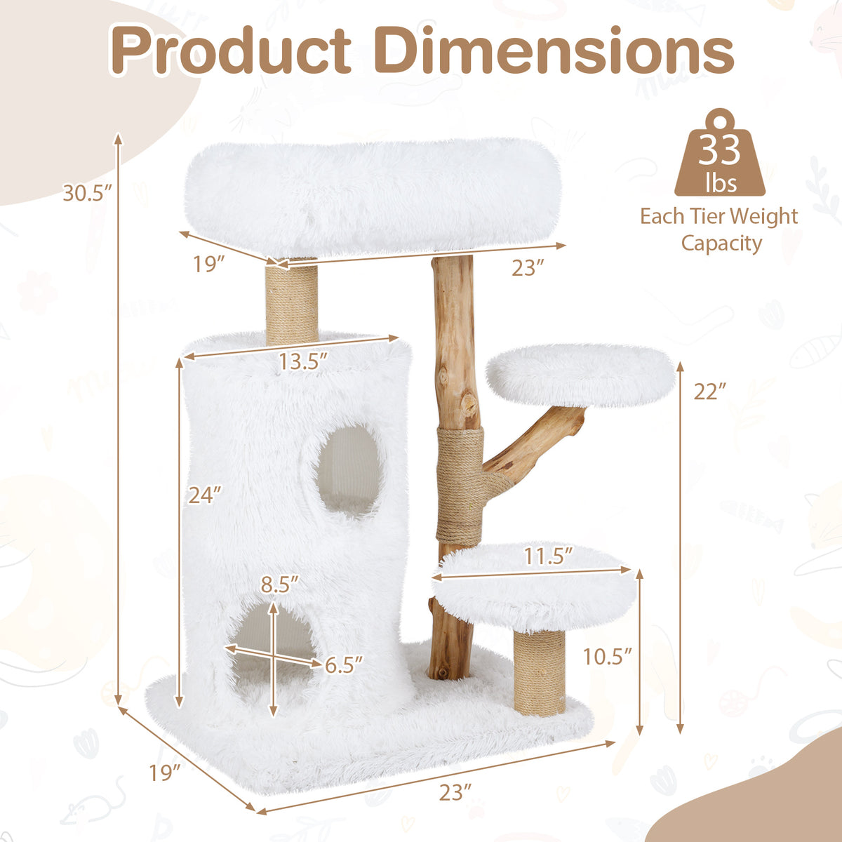 Modern Cat Tree for Indoor Cats - White 30.5 Inch Cat Tower with Solid Wood Branches & Multi-Level Perches