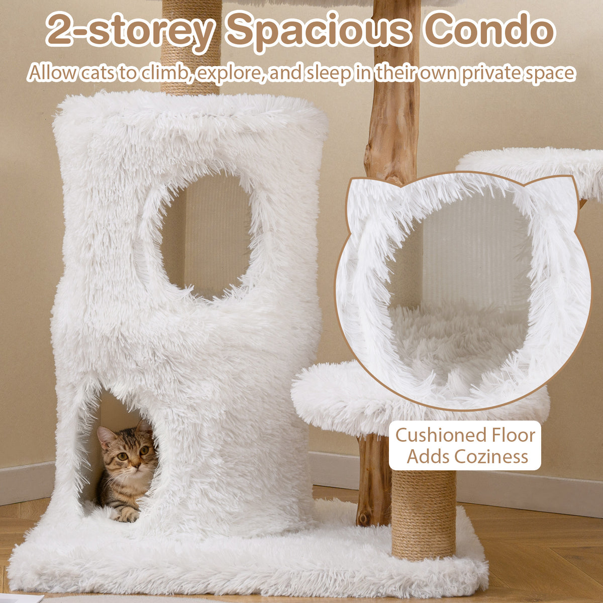 Modern Cat Tree for Indoor Cats - White 30.5 Inch Cat Tower with Solid Wood Branches & Multi-Level Perches