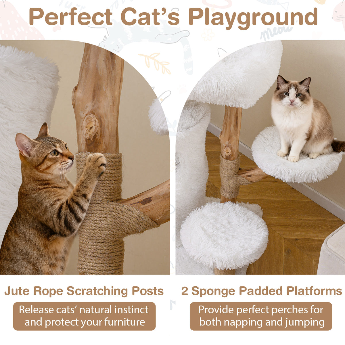 Modern Cat Tree for Indoor Cats - White 30.5 Inch Cat Tower with Solid Wood Branches & Multi-Level Perches