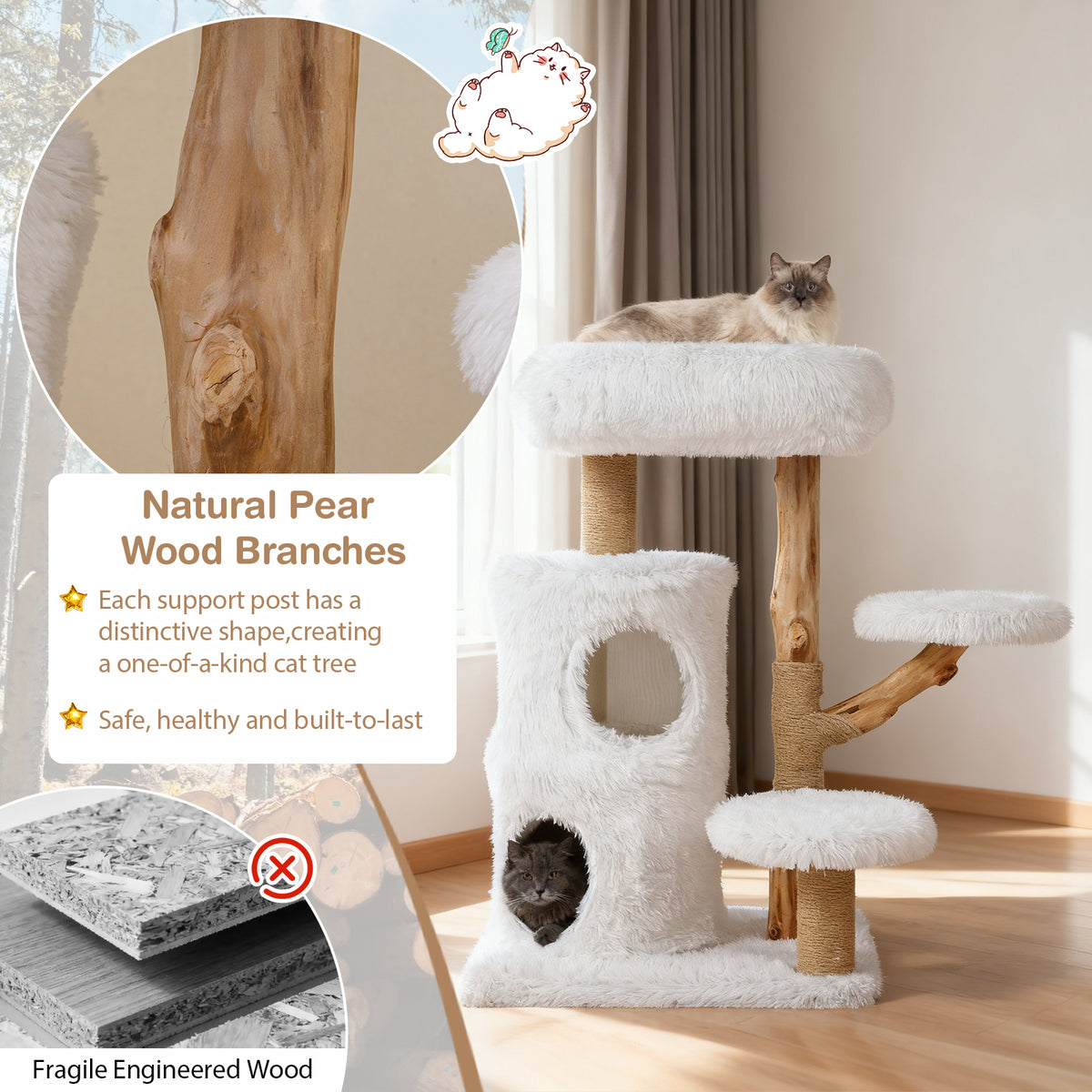 Modern Cat Tree for Indoor Cats - White 30.5 Inch Cat Tower with Solid Wood Branches & Multi-Level Perches