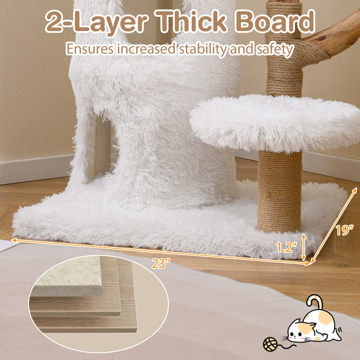 Modern Cat Tree for Indoor Cats - White 30.5 Inch Cat Tower with Solid Wood Branches & Multi-Level Perches