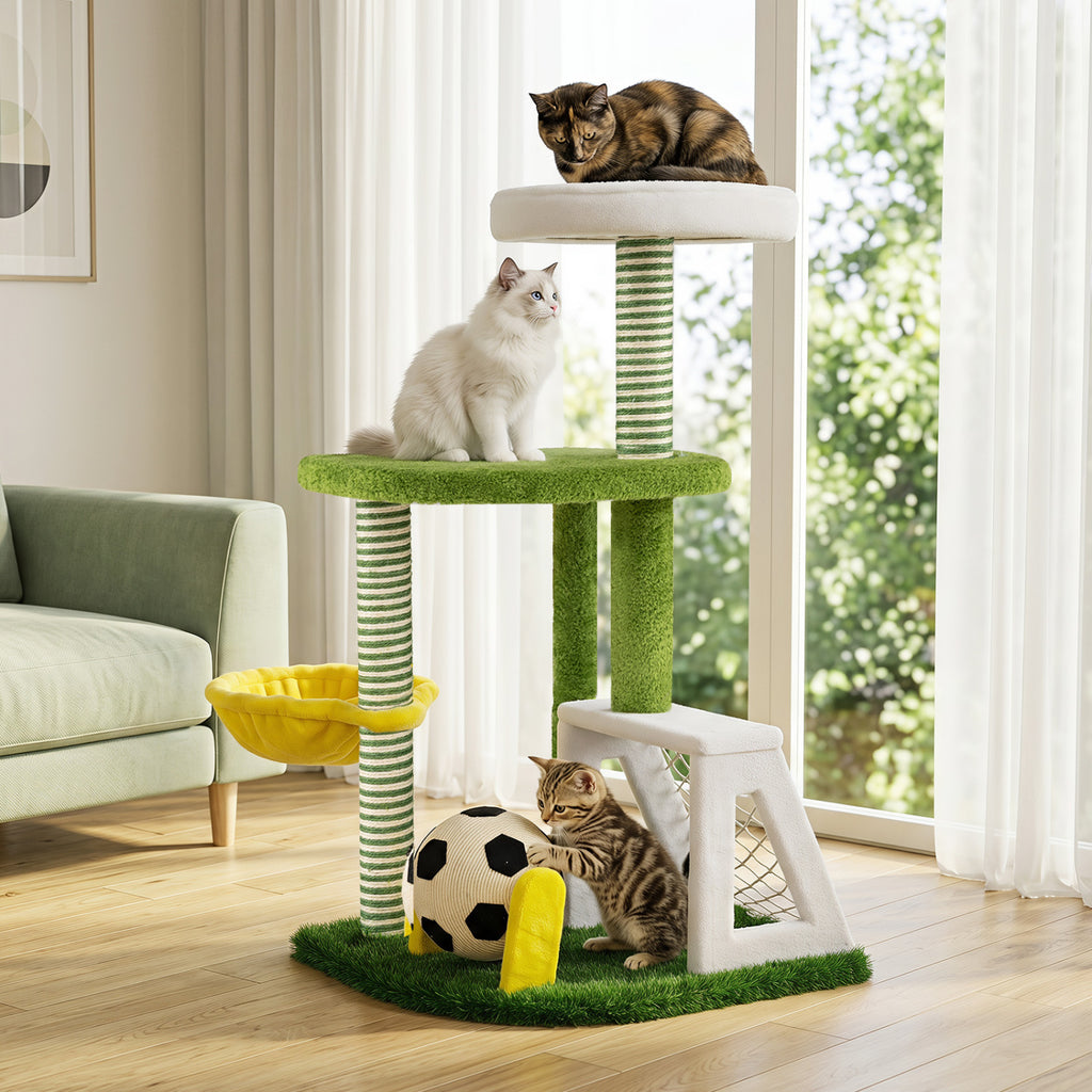Green Multi-Level Cat Tree with Perches & Soccer Play Features for Indoor Cats